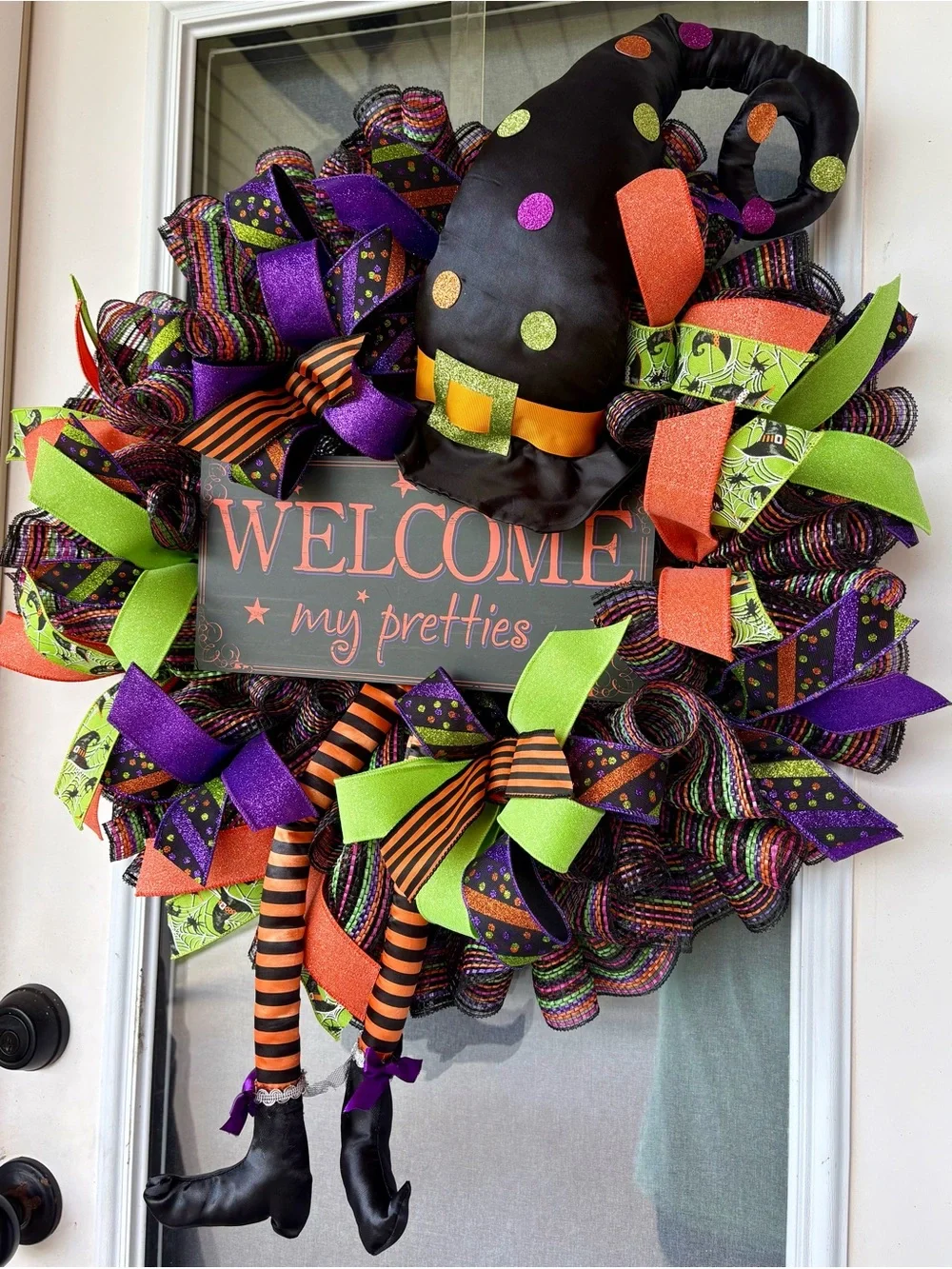 Halloween 'Welcome My Pretties' Witch Wreath - Black, Purple & Orange
